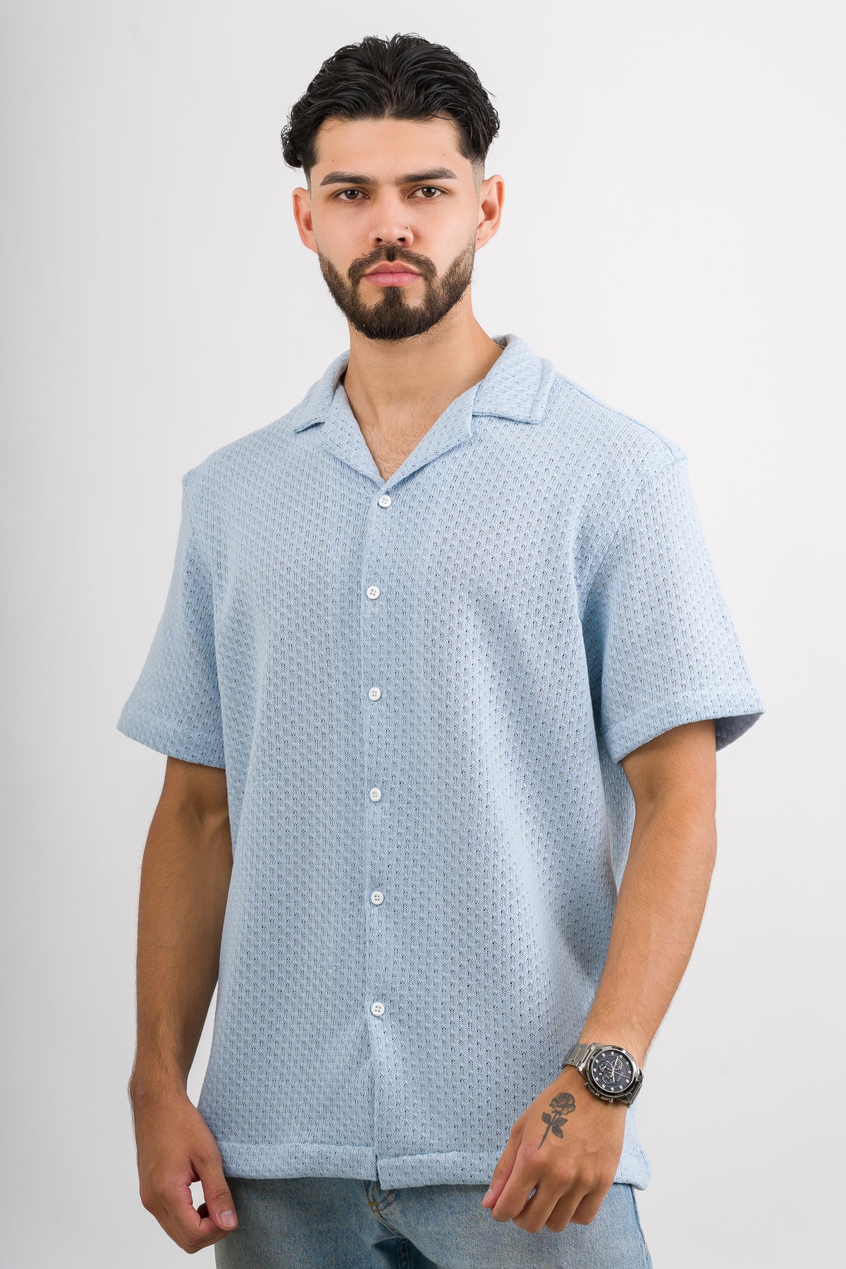 Camisa Over Tejida Mc Celeste Claro - Voszmen