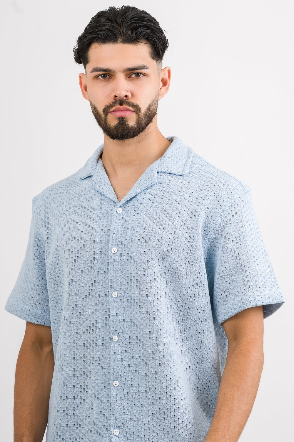 Camisa Over Tejida Mc Celeste Claro