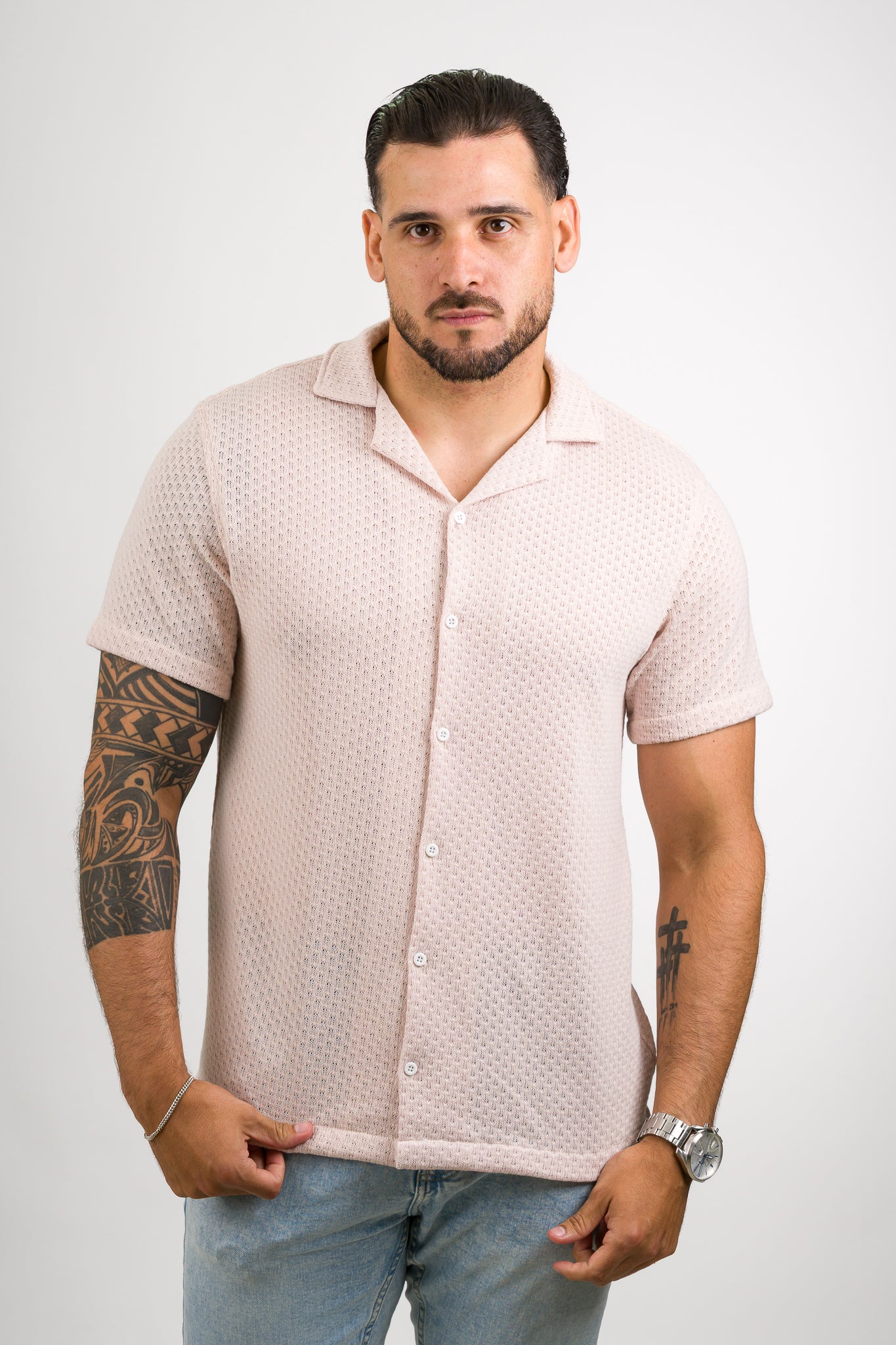Camisa Over Tejida Mc Beige - Voszmen