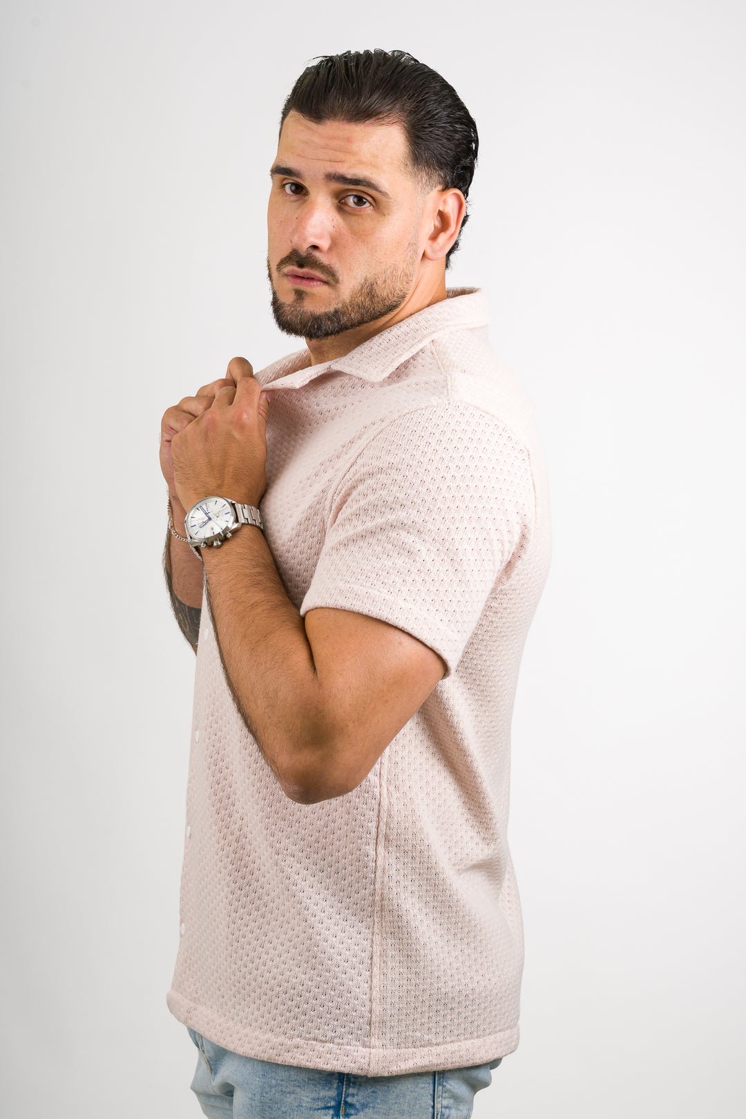 Camisa Over Tejida Mc Beige