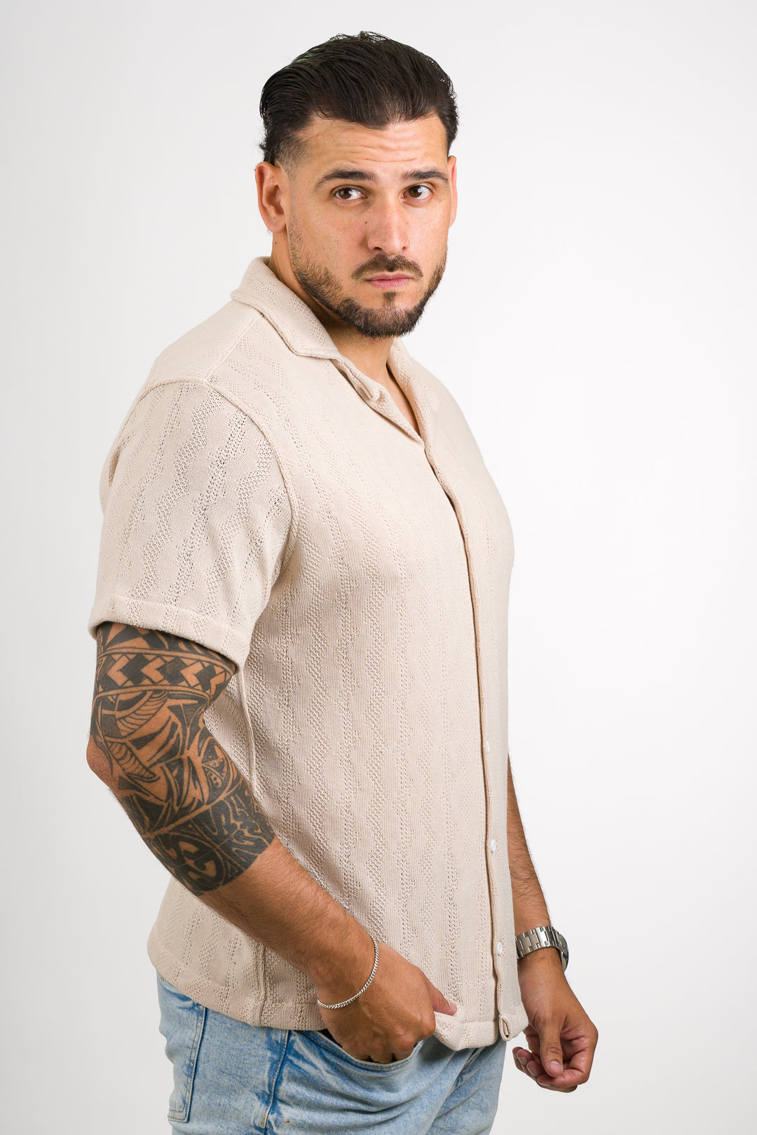 Camisa Over Tejida Mt Beige