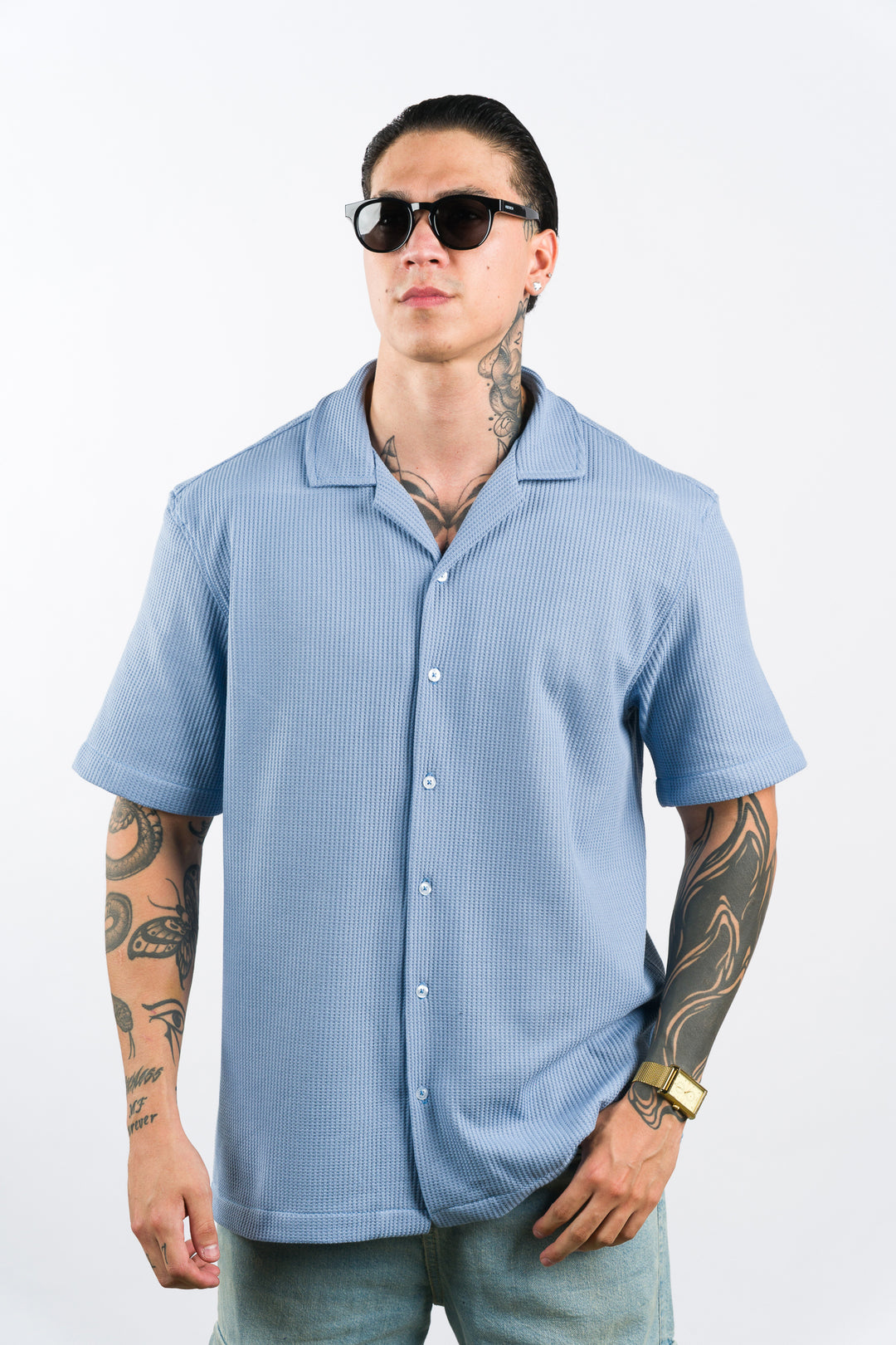 Camisa Text Q Celeste Pastel