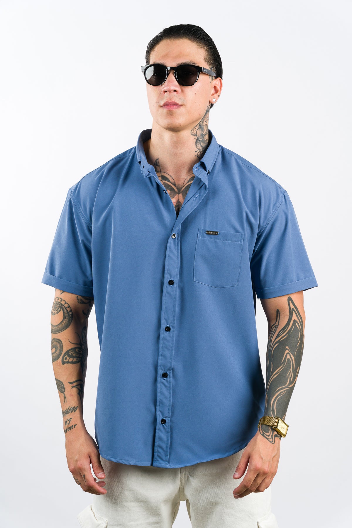 Camisa Button Triple Azul Pastel