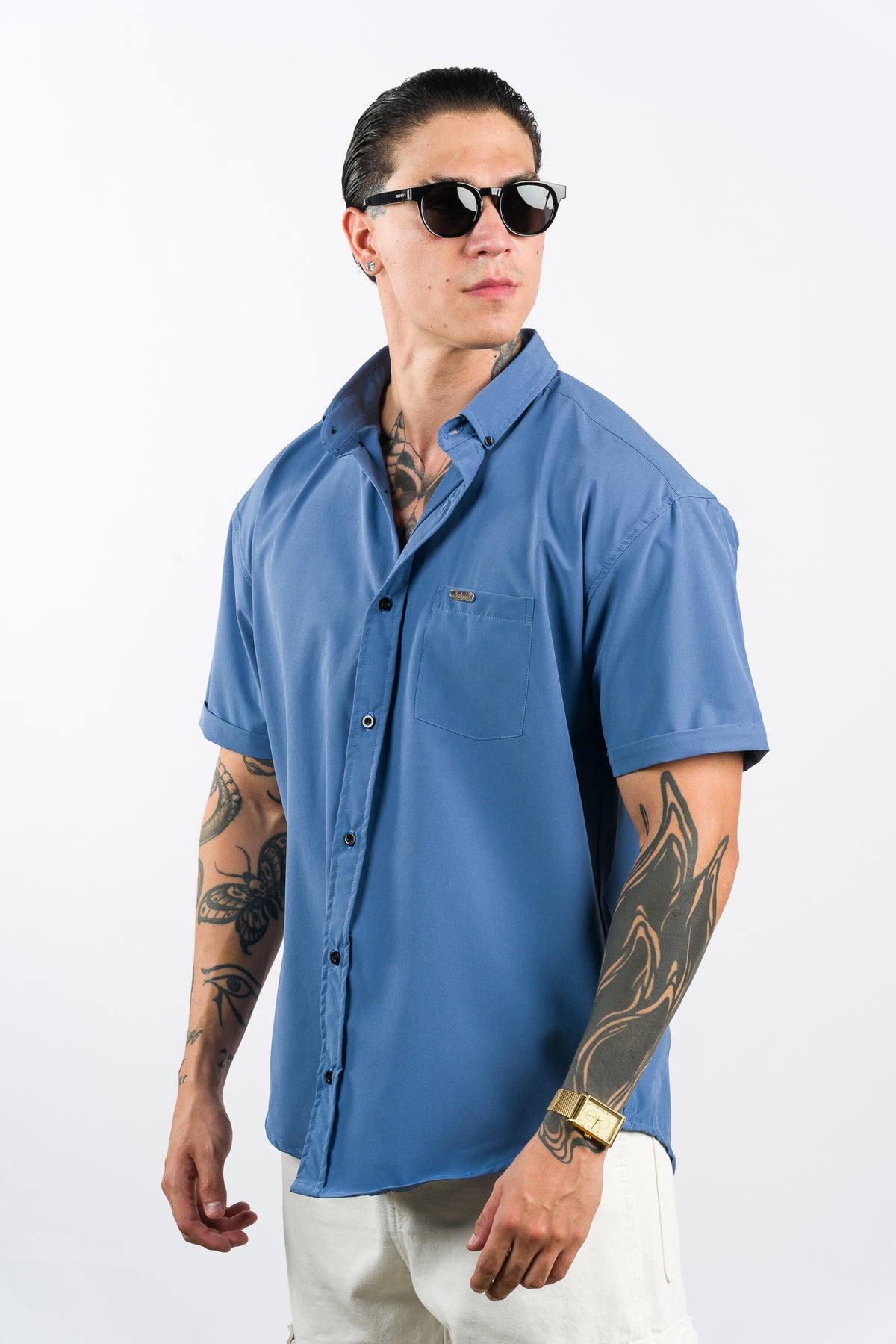 Camisa Button Triple Azul Pastel