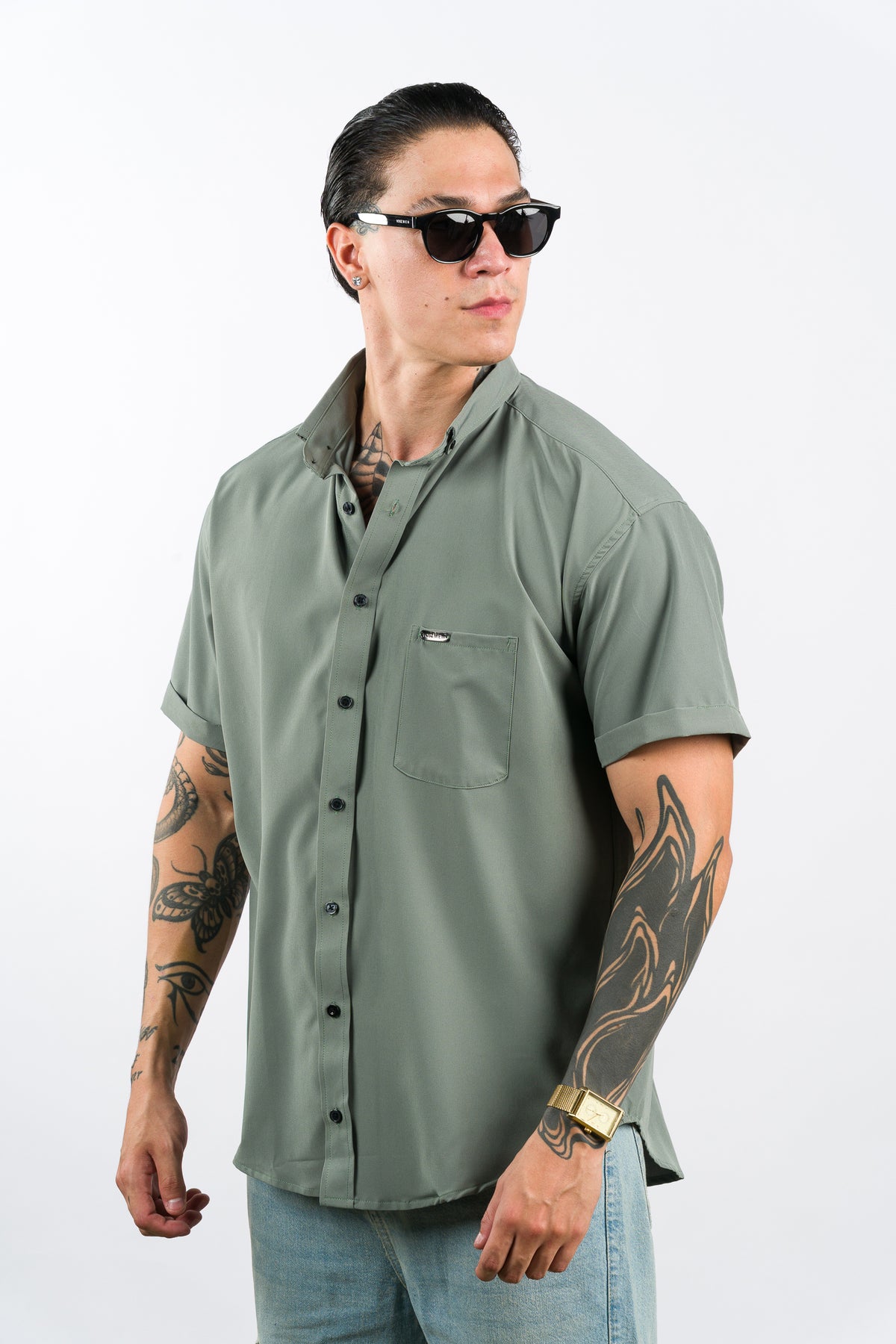 Camisa Button Triple Verde Olivo